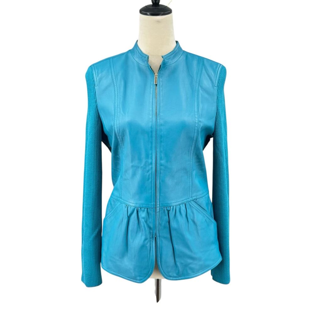 St. John Teal Blue Soft Leather Wool Blend Knit Sleeves Silk Lining Zip Jacket